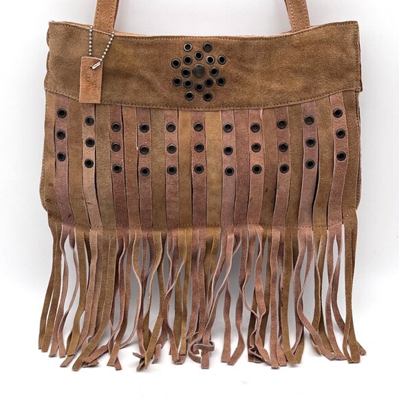 Genuine Leather Handbags - Genuine Leather Fringe Handbag Purse Grommet Brown Shoulder Strap Zip Pockets